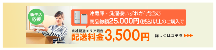 冷蔵庫、または洗濯機どちらか１つを含んだ他の家電と同時購入で自社エリア内なら配送料が一律3,500円！