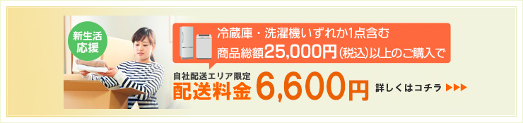 冷蔵庫、または洗濯機どちらか１つを含んだ他の家電と同時購入で自社エリア内なら配送料が一律6,600円！